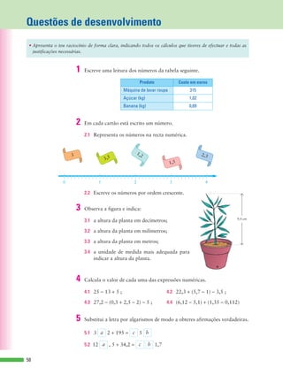 2.1 Representa os números na recta numérica.
2.2 Escreve os números por ordem crescente.
2,3
3,5
1,5
1,23
0 1 2 3 4
58
• Apresenta o teu raciocínio de forma clara, indicando todos os cálculos que tiveres de efectuar e todas as
justificações necessárias.
Questões de desenvolvimento
Produto Custo em euros
Máquina de lavar roupa 315
Açúcar (kg) 1,02
Banana (kg) 0,69
1 Escreve uma leitura dos números da tabela seguinte.
2 Em cada cartão está escrito um número.
3.1 a altura da planta em decímetros;
3.2 a altura da planta em milímetros;
3.3 a altura da planta em metros;
3.4 a unidade de medida mais adequada para
indicar a altura da planta.
3 Observa a figura e indica:
4.1 25 - 13 + 5 ; 4.2 22,3 + (5,7 - 1) - 3,5 ;
4.3 27,2 - (0,3 + 2,5 - 2) - 5 ; 4.4 (6,12 - 5,1) + (1,35 - 0,112)
4 Calcula o valor de cada uma das expressões numéricas.
5.1 3 2 + 195 =
5.2 12 , 5 + 34,2 = ,71bca
b5ca
5 Substitui a letra por algarismos de modo a obteres afirmações verdadeiras.
9,4 cm
 