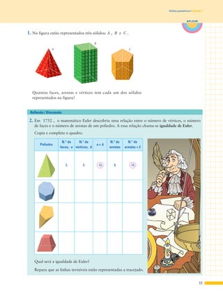 1. Na figura estão representados três sólidos: A , B e C .
Quantas faces, arestas e vértices tem cada um dos sólidos
representados na figura?
2. Em 1752 , o matemático Euler descobriu uma relação entre o número de vértices, o número
de faces e o número de arestas de um poliedro. A essa relação chama-se igualdade de Euler.
Copia e completa o quadro.
Reflexão / Discussão
11
APLICAR
Sólidos geométricos | Unidade 1
A
B
C
Poliedro
N.° de
faces, a
N.° de
vértices, b
a + b
N.° de
arestas
N.° de
arestas + 2
5 5 10 8 10
Qual será a igualdade de Euler?
Repara que as linhas invisíveis estão representadas a tracejado.
 