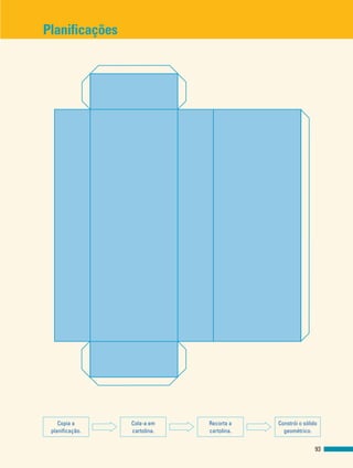 Planificações
93
Copia a
planificação.
Cola-a em
cartolina.
Recorta a
cartolina.
Constrói o sólido
geométrico.
 