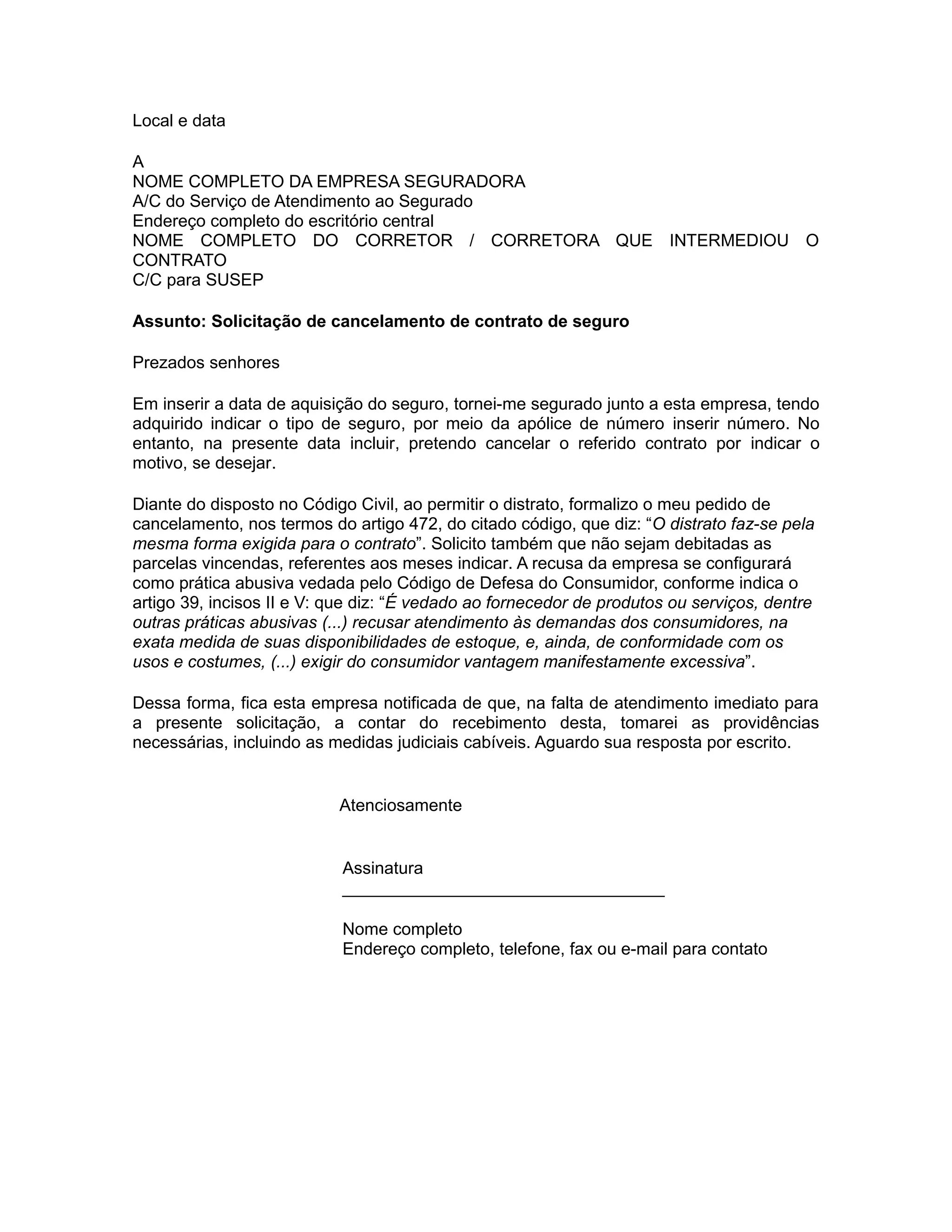 Solicita o de cancelamento de contrato de seguro pdf