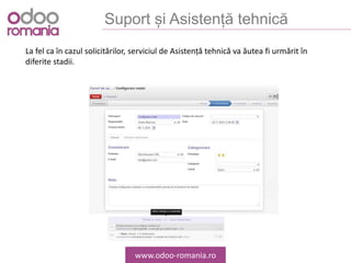 Suport și Asistență tehnică
www.odoo-romania.ro
La fel ca în cazul solicitărilor, serviciul de Asistență tehnică va ăutea fi urmărit în
diferite stadii.
 