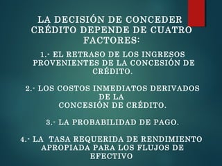 LA DECISIÓN DE CONCEDER
CRÉDITO DEPENDE DE CUATRO
FACTORES:
1.- EL RETRASO DE LOS INGRESOS
PROVENIENTES DE LA CONCESIÓN DE
CRÉDITO.
2.- LOS COSTOS INMEDIATOS DERIVADOS
DE LA
CONCESIÓN DE CRÉDITO.
3.- LA PROBABILIDAD DE PAGO.
4.- LA TASA REQUERIDA DE RENDIMIENTO
APROPIADA PARA LOS FLUJOS DE
EFECTIVO
 