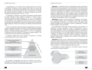 Identidade e território no Brasil
112
Identidade e território no Brasil
113
A regionalização é um processo técnico realizado com base em critérios
e indicadores estatísticos, padrão aplicado pelo IBGE na criação das
microrregiões. Os processos de delimitação são construídos na primeira
fase concreta da estrutura espacial, em que os processos de construção
dos territórios também se baseiam. É a base de indicadores que permite
caracterizar esses espaços (R1, R2, R3, (...), Rn).
A identidade se expressa nos processos participativos (desenvolvidos
no âmbito estadual e local), redefine os espaços e concede a eles a
dimensão territorial. Os critérios aplicados (T1, T2, T3, (...), Tn) expressam
o reconhecimento dos critérios de identidade dos atores como próprios e
não pré-definíveis, que se diferenciam de acordo com o entorno, contexto
ou significado da territorialização, conforme os disparadores de identidade.
Nesta publicação, enfatiza-se a aplicação das políticas de desenvolvimento
rural.
A parte mais elevada da pirâmide reflete a territorialização em si, produto
da ação e da gestão do território. No exemplo do MDA, essa territorialização
guarda o significado adquirido com o processo de aplicação das políticas
públicas. Os critérios particulares aplicados (T1, T2, o T3, (...), Tn) significam
os aspectos-chave que emergem no processo da gestão política e nos
suportes técnicos que permitem operacionalizá-los.
A imagem a seguir ilustra que a natureza do processo e os atores
envolvidos diferenciam-se em cada momento:
Tal processo, empreendido pela SDT nos territórios, influi sobre a
delimitação das áreas definidoras dos territórios, o que se observa em três
momentos que se referem a três diferentes delimitações.
Momento 1. A definição técnica de regionalização parte de elementos
constitutivos do espaço geográfico, de seus atributos e características. Essas
características são especialmente as de caráter estático, como as descrições
do estoque de espécies que possibilitam constatar espaços homogêneos,
contínuos e diferenciados em relação a outros. O tamanho médio desses
espaços é determinado por uma condição externa, principalmente de
ordem administrativa e fiscal, e pelas unidades de gestão, de acordo com as
condições operacionais do planejamento ou da gestão das políticas, como
no caso das macrorregiões, meso ou microrregiões.
Momento 2. Quando o espaço abordado é modificado, mas mantêm-
se as condições básicas que o conformaram como região, ao introduzir
as considerações, dimensões ou os critérios de ação e de gestão, esses
espaços geográficos são modificados conforme o significado no território
(base de gestão e ponto de partida).
Essa redefinição é feita quase sempre pautada em dois critérios: I) a
adequação do espaço geográfico, a partir do melhoramento, devido a
informações regionais e locais que corrigem imperfeições nas bases de
informação utilizadas no processo de regionalização (que, em sentido estrito,
faz parte do Momento 1); 2) os critérios referidos às dinâmicas que ocorrem
no espaço, em particular as de ordem política e cultural, ao evidenciarem
a identidade do espaço e permitirem ações de delimitação, incluindo ou
excluindo espaços para a definição de um território com significado de
Território de Identidade.
Momento 3. Quando ocorre o desenvolvimento das dinâmicas geradas
no território, este vai ajustando-se em processos históricos. A delimitação do
território sob essas condições pode se tornar instável devido aos sucessivos
ajustes inerentes às práticas política, econômica ou social. Os critérios de
ajuste se baseiam nas dinâmicas geradas pela ação social.
A delimitação do espaço geográfico e do território nesses momentos
está ilustrada na ilustração seguinte:
Momento 3
Território consolidado
Momento 1
Microrregião
Momento 2
Terrritório de intervenção
Processos de ajuste na gestão
dos programas.
Responsabilidade de atores e técnicos.
Processo de reconhecimento
de identidades.
Responsabilidade dos atores
do território.
Processo de ordenamento dos espacios.
Responsabilidade dos técnicos.
TERRITORIALIZAÇÃO
REGIONALIZAÇÃO
PROCESSO
PARTICIPATIVO DE
RECONHECIMENTO
DE IDENTIDADES
TERRIORIAIS
 