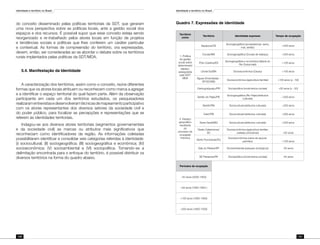 Identidade e território no Brasil
130
Identidade e território no Brasil
131
do conceito disseminado pelas políticas territoriais da SDT, que geraram
uma nova perspectiva sobre as políticas locais, ante a gestão social dos
espaços e dos recursos. É possível supor que esse conceito esteja sendo
reorganizado e re-trabalhado pelos atores locais em função de projetos
e tendências sociais e políticas que lhes conferem um caráter particular
e contextual. As formas de compreensão do território, ora expressadas,
devem, então, ser consideradas ao se abordar o debate sobre os territórios
rurais implantados pelas políticas da SDT/MDA.
5.4. Manifestação da Identidade
A caracterização dos territórios, assim como o conceito, reúne diferentes
formas que os atores locais atribuem ou reconhecem como marca a agregar
e a identificar o espaço territorial do qual fazem parte. Além da observação
participante em cada um dos territórios estudados, os pesquisadores
realizaramentrevistasedesenvolveramtécnicasdemapeamentoparticipativo
com os atores representantes dos diversos setores da sociedade civil e
do poder público, para focalizar as percepções e representações que se
referem às identidades territoriais.
Indagou-se aos diversos atores territoriais (segmentos governamentais
e da sociedade civil) as marcas ou atributos mais significativos que
reconheciam como identificadores da região. As informações coletadas
possibilitaram identificar e consolidar seis categorias referidas à identidade:
(i) sociocultural; (II) sociogeográfica; (III) sociogeográfica e econômica; (IV)
socioeconômica; (V) socioambiental e (VI) sociopolítica. Tomando-se a
delimitação encontrada para o enfoque do território, é possível distribuir os
diversos territórios na forma do quadro abaixo.
Quadro 7. Expressões de identidade
Território
como
Território Identidade expressa Tempo de ocupação
1. Política
de gestão
social sobre
determinado
espaço,
assegurada
pela SDT/
MDA
Itapipoca/CE
Sociogeográfica (ecossistemas: serra,
mar, sertão)
+200 anos
Cocais/MA Sociogeográfica (Cocais de babaçu) +200 anos
Pólo Colatina/ES
Sociogeográfica e econômica (Bacia do
Rio Dulce/café)
+100 anos
Litoral Sul/BA Socioeconômica (Cacau) +100 anos
Águas Emendadas -
DF/GO/MG
Socioeconômica (agricultura familiar) +100 anos (y - 50)
Cantuguiriguaçu/PR Sociopolítica (movimentos sociais) +50 anos (y - 50)
2. Espaço
geopolítico
resultante
do
processo de
ocupação
histórica
Sertão do Pajeú/PE
Sociogeográfica (Rio Pajeú/atributos
culturais)
+200 anos
Seridó/RN Sociocultural (atributos culturais) +200 anos
Cariri/PB Sociocultural (atributos culturais) +200 anos
Serra Geral/MG Sociocultural (atributos culturais) +200 anos
Oeste Catarinense/
SC
Socioeconômica (agricultura familiar;
cadeias produtivas) +50 anos
Norte Fluminense/RJ
Socioeconômica (cana-de-açúcar,
petróleo) +100 anos
Vale do Ribeira/SP Socioambiental (parques ecológicos) -50 anos
SE Paraense/PA Sociopolítica (movimentos sociais) -50 anos
Períodos de ocupação
-50 anos (2000-1950)
+50 anos (1950-1900-)
+100 anos (1900-1800)
+200 anos (1800-1500)
 