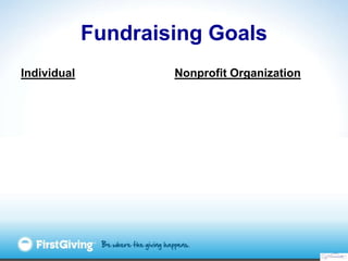 Fundraising Goals
Individual           Nonprofit Organization
 