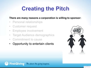 Creating the Pitch
There are many reasons a corporation is willing to sponsor:
•   Personal relationships
•   Customer req...