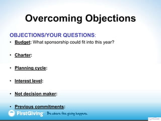 Overcoming Objections
OBJECTIONS/YOUR QUESTIONS:
• Budget: What sponsorship could fit into this year?

• Charter:

• Plann...