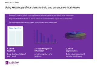 What’s in it for them?


Using knowledge of our clients to build and enhance our businesses

 •     Supports firms aims to both meet regulatory compliance requirements and build better businesses

 •     Requires client information to be shared across the business and not kept to one adviser/partner

 •     Technology essential to ensure data is up-to-date and easy to interrogate



       Client Fact Find
                                            80

                                            70

                                            60

                                            50

                                            40

                                            30

                                            20

                                            10

                                             0
                                                 Pensions   ISAs   Bonds   Cash   Funds   Ot her




     1. Client                                   2. Sales Management                               3. Client
     Fact Find                                   Information                                       segmentation
     Deep-dive knowledge of                      A real-time picture of a                          Build a business around
     every client                                business                                          genuine client needs
 