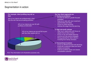 What’s in it for them?


Segmentation in action

     For example, client profiling may tell us                            Our key client segments are:
     that:                                                                1. Young accumulators:
                                                                          - Provide tax-efficient, growth focused
     30% of our clients are professionals in their
                                                                              strategies
     30s-50s with fast-accumulating portfolios
                                                                          - Keep up to date with new investment
                                                                              opportunities and ideas
                         40% of our clients are over 60 with              - Focus on online servicing
                         portfolios of £400,000+                          - Address life-stage financial planning

                                                                          2. High-net-worth retirees
                               10% of our clients are annual ISA buyers   - High touch relationship with focus on
                               with few other assets with us                  regular face-to-face contact
                                                                          - Focus on tax and estate-planning
                                                                          - Income and risk-averse strategies
                                                                          - Strong potential for client referral –
                                                                              including from family members

                                                                          3. Transactional investors
                                                                          - Focus on efficient but low-cost servicing
                                                                          - Email with investment ideas and stock
                                                                              market commentary
                                                                          - Invite for portfolio review and assess
                                                                              consolidation potential
    N.B. This information is for illustrative purposes only
 