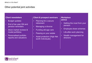 What’s in it for them?


Other potential joint activities



 Client newsletters           Client & prospect seminars        Workplace
                                                                advice
 • Budget updates             •    Planning for a secure
                                   retirement                   • Getting the most from your
 • End of tax year ISA and
                                                                  pension
   pension reminders          •    Managing a divorce
                                                                • Employee share schemes
 • Stock market reviews &     •    Funding old-age care
   model portfolios                                             • Life-after-work planning
                              •    Passing on your estate
 • Personalised portfolio                                       • Wealth management for
                              •    Asset protection (High Net
   reports and valuations                                         directors
                                   worth Individuals)
 