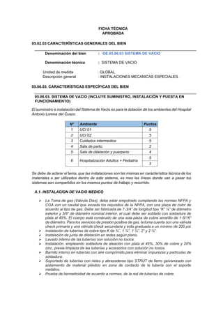FICHA TÉCNICA
APROBADA
05.02.03 CARACTERÍSTICAS GENERALES DEL BIEN
Denominación del bien : OE.05.06.03 SISTEMA DE VACIO
Denominación técnica : SISTEMA DE VACIO
Unidad de medida : GLOBAL
Descripción general : INSTALACIONES MECANICAS ESPECIALES.
05.06.03. CARACTERÍSTICAS ESPECÍFICAS DEL BIEN
05.06.03. SISTEMA DE VACIO (INCLUYE SUMINISTRO, INSTALACIÓN Y PUESTA EN
FUNCIONAMIENTO)
El suministro e instalación del Sistema de Vacío es para la dotación de los ambientes del Hospital
Antonio Lorena del Cusco.
N° Ambiente Puntos
1 UCI 01 5
2 UCI 02 5
3 Cuidados intermedios 5
4 Sala de parto: 2
5 Sala de dilatación y puerperio 4
6 Hospitalización Adultos + Pediatría
5
3
Se debe de aclarar el tema, que las instalaciones son las mismas en característica técnica de los
materiales a ser utilizados dentro de este sistema, es mas las líneas donde van a pasar los
sistemas son compartidos en los mismos puntos de trabajo y recorrido.
A.1. INSTALACION DE VACIO MEDICO
➢ La Toma de gas (Válvula Diss), debe estar empotrado cumpliendo las normas NFPA y
CGA con un caudal que exceda los requisitos de la NFPA, con una placa de color de
acuerdo al tipo de gas. Debe ser fabricada de 7-3/4” de longitud tipo “K” ½” de diámetro
exterior y 3/8” de diámetro nominal interior, el cual debe ser soldado con soldadura de
plata al 45%. El cuerpo está construido de una sola pieza de cobre amarillo de 1-5/16”
de diámetro. Para los servicios de presión positiva de gas, la toma cuenta con una válvula
check primaria y una válvula check secundaria y esta graduada a un mínimo de 200 psi
➢ Instalación de tuberías de cobre tipo K de ¾¨, 1 ¼”, 1 ½”, 2” y 2 ½”.
➢ Instalación de junta de dilatación en redes según plano.
➢ Lavado interno de las tuberías con solución no toxica.
➢ Instalación, empleando soldadura de aleación con plata al 45%, 30% de cobre y 20%
zinc, previa limpieza de las tuberías y accesorios con solución no toxica.
➢ Barrido interno en tuberías con aire comprimido para eliminar impurezas y partículas de
soldadura.
➢ Soportado de tuberías con rieles y abrazaderas tipo STRUT de fierro galvanizado con
aislamiento de material plástico en zona de contacto de la tubería con el soporte
metálico.
➢ Prueba de hermeticidad de acuerdo a normas, de la red de tuberías de cobre.
 