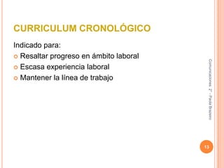 CURRICULUM CRONOLÓGICOIndicado para:Resaltar progreso en ámbito laboralEscasa experiencia laboralMantener la línea de trabajo13Comunicaciones  2° - Paola Brazeiro 