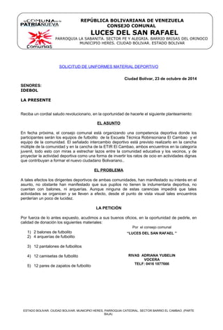 Solicitud De Uniformes Deportivos Y Balones Al Gobernador Del Estado