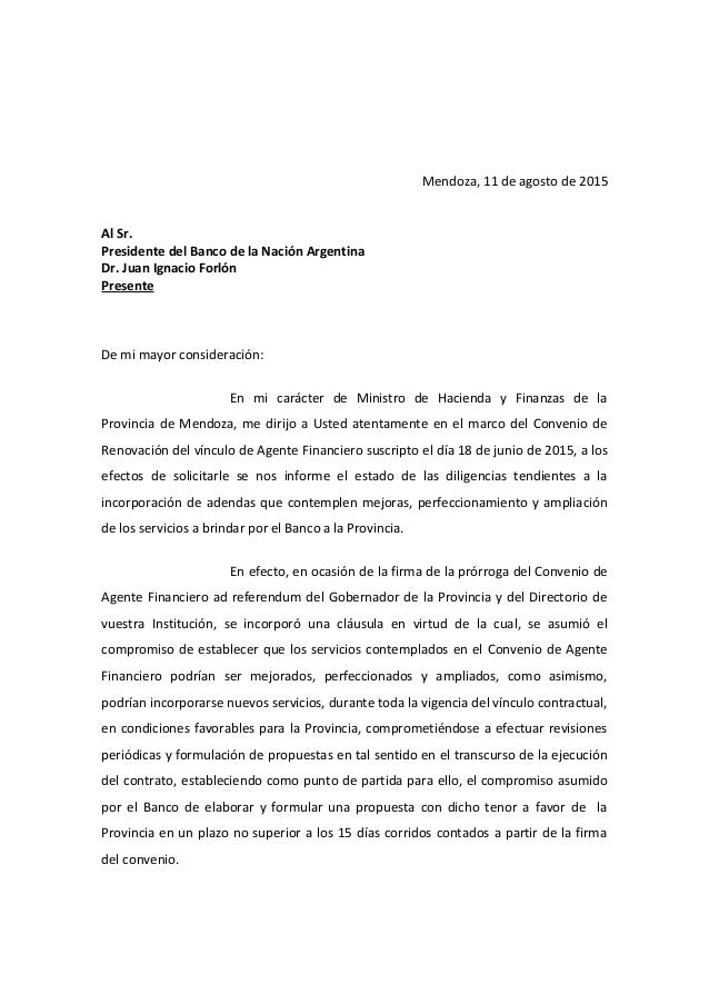 Carta del Gobierno provincial al banco Nación