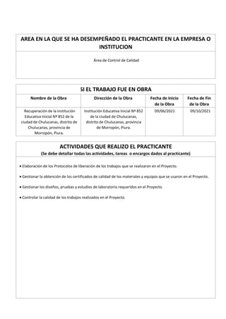 AREA EN LA QUE SE HA DESEMPEÑADO EL PRACTICANTE EN LA EMPRESA O
INSTITUCION
Área de Control de Calidad
SI EL TRABAJO FUE EN OBRA
Nombre de la Obra Dirección de la Obra Fecha de Inicio
de la Obra
Fecha de Fin
de la Obra
Recuperación de la institución
Educativa Inicial Nº 852 de la
ciudad de Chulucanas, distrito de
Chulucanas, provincia de
Morropón, Piura.
Institución Educativa Inicial Nº 852
de la ciudad de Chulucanas,
distrito de Chulucanas, provincia
de Morropón, Piura.
09/06/2021 09/10/2021
ACTIVIDADES QUE REALIZO EL PRACTICANTE
(Se debe detallar todas las actividades, tareas o encargos dados al practicante)
 Elaboración de los Protocolos de liberación de los trabajos que se realizaron en el Proyecto.
 Gestionar la obtención de los certificados de calidad de los materiales y equipos que se usaron en el Proyecto.
 Gestionar los diseños, pruebas y estudios de laboratorio requeridos en el Proyecto.
 Controlar la calidad de los trabajos realizados en el Proyecto.
 