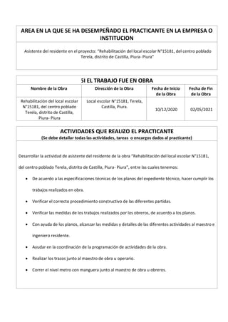 AREA EN LA QUE SE HA DESEMPEÑADO EL PRACTICANTE EN LA EMPRESA O
INSTITUCION
Asistente del residente en el proyecto: “Rehabilitación del local escolar N°15181, del centro poblado
Terela, distrito de Castilla, Piura- Piura”
SI EL TRABAJO FUE EN OBRA
Nombre de la Obra Dirección de la Obra Fecha de Inicio
de la Obra
Fecha de Fin
de la Obra
Rehabilitación del local escolar
N°15181, del centro poblado
Terela, distrito de Castilla,
Piura- Piura
Local escolar N°15181, Terela,
Castilla, Piura.
10/12/2020 02/05/2021
ACTIVIDADES QUE REALIZO EL PRACTICANTE
(Se debe detallar todas las actividades, tareas o encargos dados al practicante)
Desarrollar la actividad de asistente del residente de la obra “Rehabilitación del local escolar N°15181,
del centro poblado Terela, distrito de Castilla, Piura- Piura”, entre las cuales tenemos:
 De acuerdo a las especificaciones técnicas de los planos del expediente técnico, hacer cumplir los
trabajos realizados en obra.
 Verificar el correcto procedimiento constructivo de las diferentes partidas.
 Verificar las medidas de los trabajos realizados por los obreros, de acuerdo a los planos.
 Con ayuda de los planos, alcanzar las medidas y detalles de las diferentes actividades al maestro e
ingeniero residente.
 Ayudar en la coordinación de la programación de actividades de la obra.
 Realizar los trazos junto al maestro de obra u operario.
 Correr el nivel metro con manguera junto al maestro de obra u obreros.
 