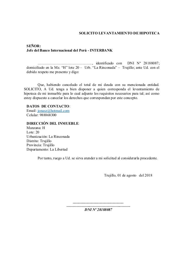 Solicitud levantamiento hipoteca