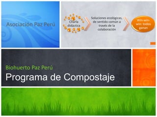 Asociación Paz Perú
Biohuerto Paz Perú
Programa de Compostaje
Charla
didáctica
Soluciones ecológicas,
de sentido común a
través de la
colaboración
Win-win-
win: todos
ganan
 