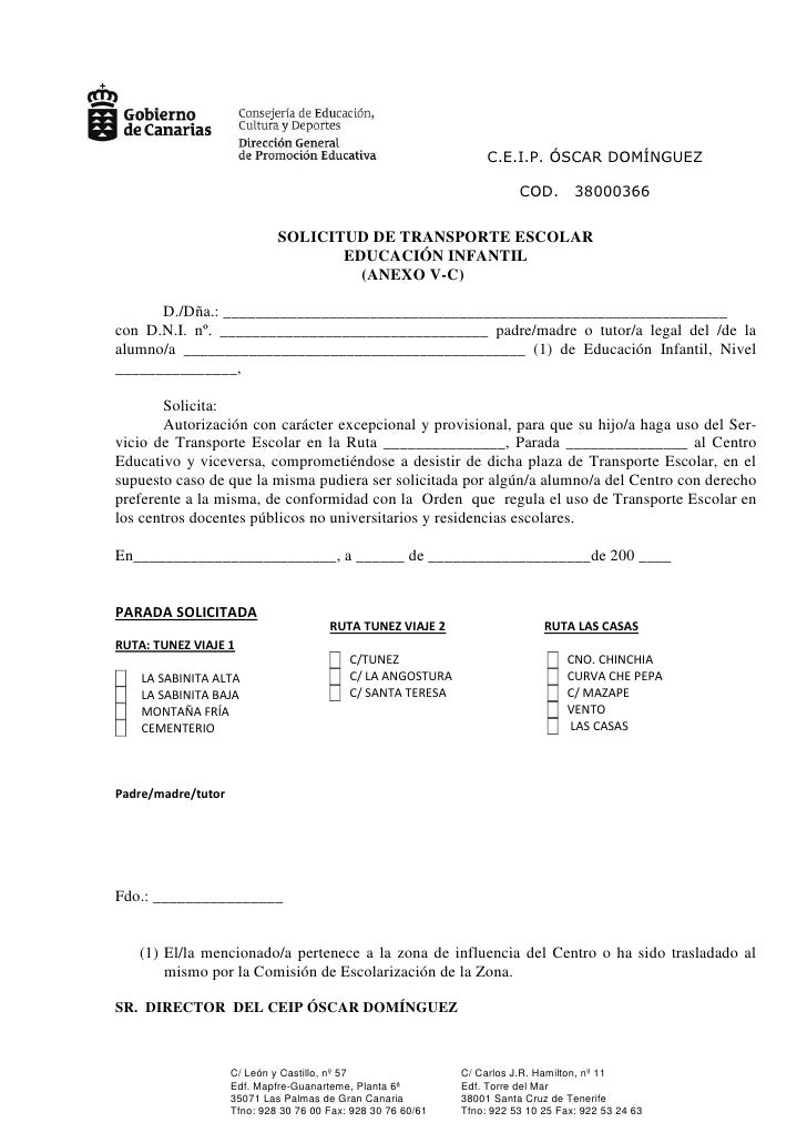 Solicitud transporte educación infantil