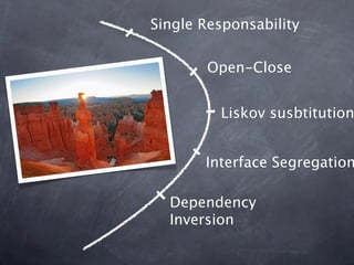 Single Responsability

       Open-Close


         Liskov susbtitution


       Interface Segregation

  Dependency
  Inversion
 