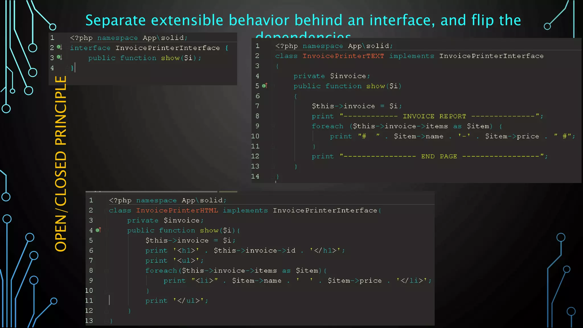 Separate extensible behavior behind an interface, and flip the
dependencies
OPEN/CLOSEDPRINCIPLE
 