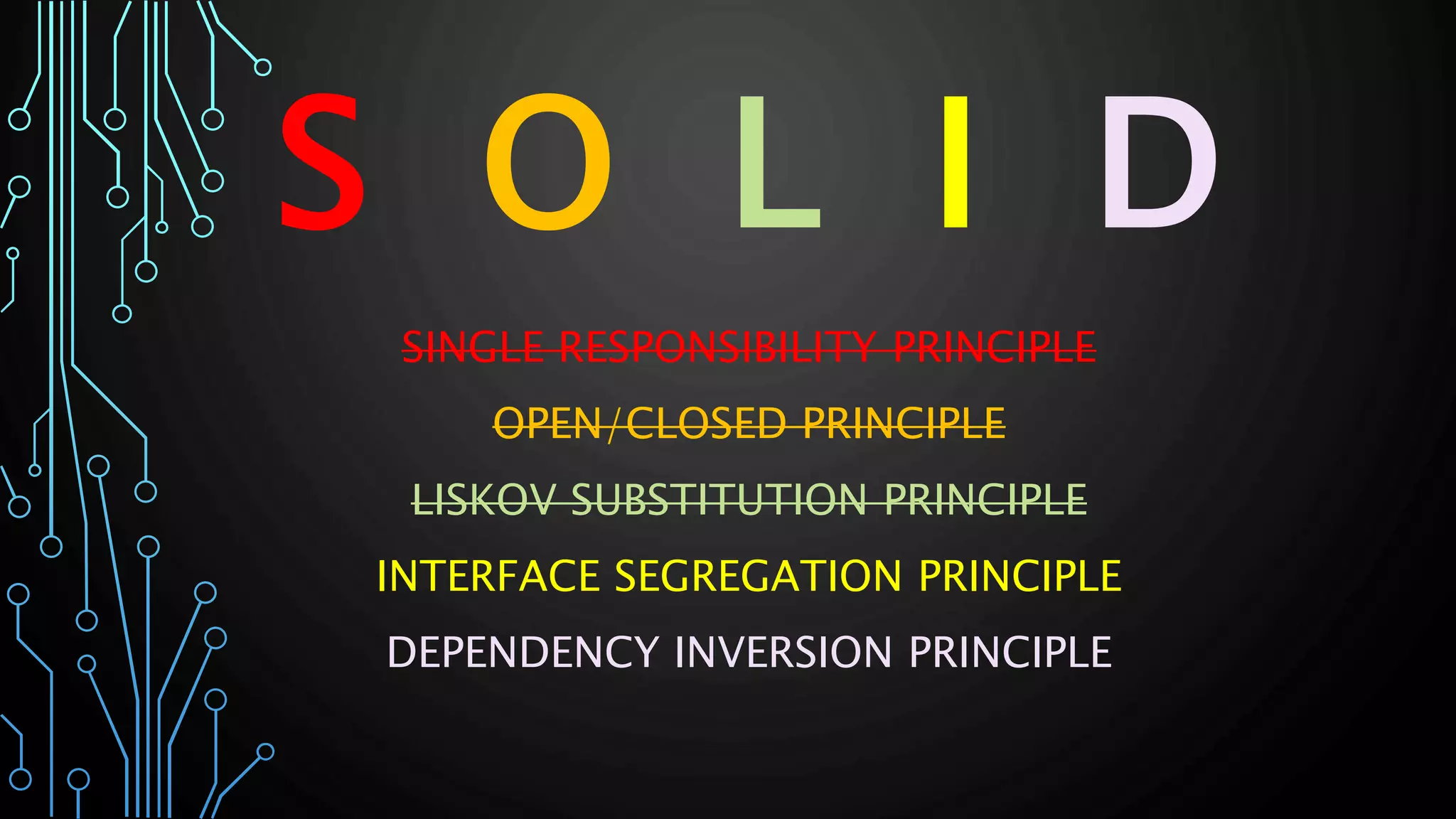 S O L I D
SINGLE RESPONSIBILITY PRINCIPLE
OPEN/CLOSED PRINCIPLE
LISKOV SUBSTITUTION PRINCIPLE
INTERFACE SEGREGATION PRINCIPLE
DEPENDENCY INVERSION PRINCIPLE
 
