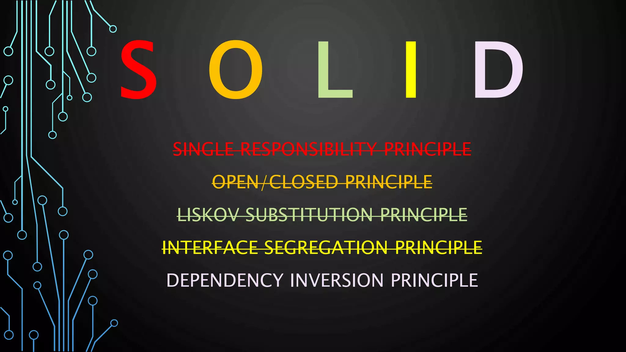 S O L I D
SINGLE RESPONSIBILITY PRINCIPLE
OPEN/CLOSED PRINCIPLE
LISKOV SUBSTITUTION PRINCIPLE
INTERFACE SEGREGATION PRINCIPLE
DEPENDENCY INVERSION PRINCIPLE
 