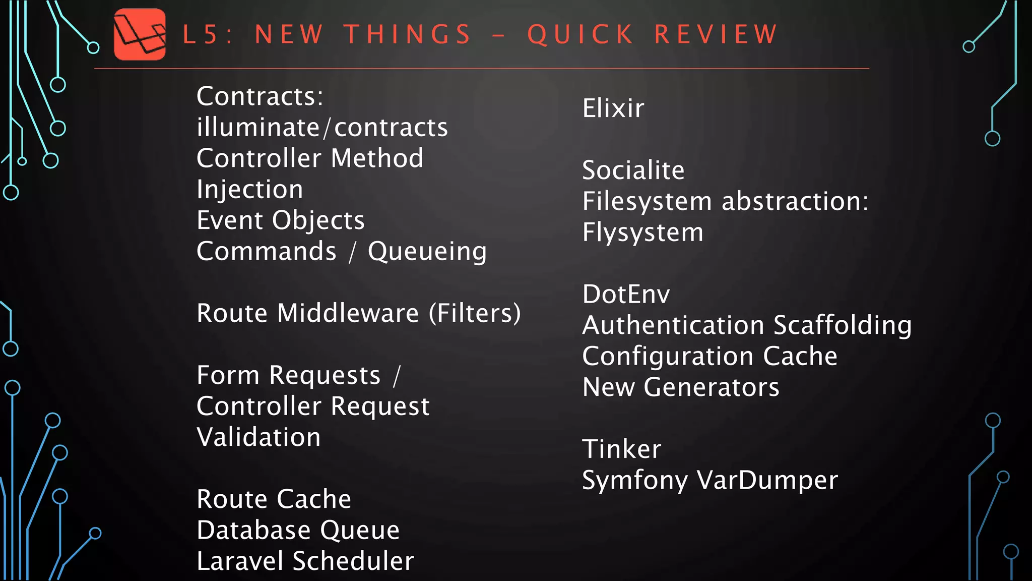 L 5 : N E W T H I N G S - Q U I C K R E V I E W
Contracts:
illuminate/contracts
Controller Method
Injection
Event Objects
Commands / Queueing
Route Middleware (Filters)
Form Requests /
Controller Request
Validation
Route Cache
Database Queue
Laravel Scheduler
Elixir
Socialite
Filesystem abstraction:
Flysystem
DotEnv
Authentication Scaffolding
Configuration Cache
New Generators
Tinker
Symfony VarDumper
 