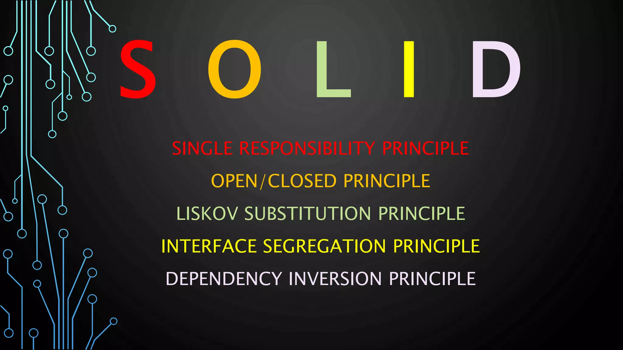 S O L I D
SINGLE RESPONSIBILITY PRINCIPLE
OPEN/CLOSED PRINCIPLE
LISKOV SUBSTITUTION PRINCIPLE
INTERFACE SEGREGATION PRINCIPLE
DEPENDENCY INVERSION PRINCIPLE
 