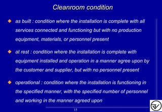 Cleanroom conditionCleanroom condition
as built : condition where the installation is complete with all
services connected and functioning but with no production
equipment, materials, or personnel present
at rest : condition where the installation is complete with
equipment installed and operation in a manner agree upon by
the customer and supplier, but with no personnel present
operational : condition where the installation is functioning in
the specified manner, with the specified number of personnel
and working in the manner agreed upon
915
 