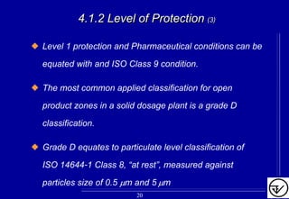 4.1.2 Level of Protection4.1.2 Level of Protection (3)(3)
Level 1 protection and Pharmaceutical conditions can be
equated with and ISO Class 9 condition.
The most common applied classification for open
product zones in a solid dosage plant is a grade D
classification.
Grade D equates to particulate level classification of
ISO 14644-1 Class 8, “at rest”, measured against
particles size of 0.5 µm and 5µm
20
 