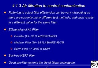 4.1.3 Air filtration to control contamination4.1.3 Air filtration to control contamination
Referring to actual filter efficiencies can be very misleading as
there are currently many different test methods, and each results
in a different value for the same filter.
Efficiencies of Air Filter
Pre-filter (25 - 30 % ARRESTANCE)
Medium Filter (90 - 95 % ASHARE 52-76)
HEPA Filter ( > 99.97 % DOP)
Back-up HEPA filter
Good pre-filter extents the life of filters downsteam.
21
 