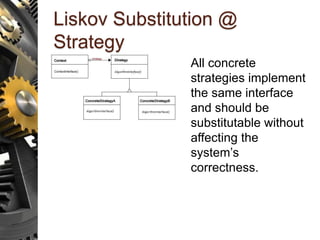 Liskov Substitution @
Strategy
All concrete
strategies implement
the same interface
and should be
substitutable without
affecting the
system’s
correctness.
 