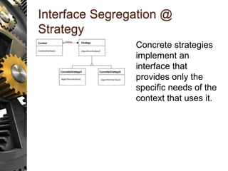 Interface Segregation @
Strategy
Concrete strategies
implement an
interface that
provides only the
specific needs of the
context that uses it.
 
