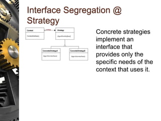 Interface Segregation @
Strategy
Concrete strategies
implement an
interface that
provides only the
specific needs of the
c...