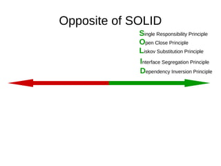 Opposite of SOLID
Single Responsibility Principle
Open Close Principle
Liskov Substitution Principle
Interface Segregation Principle
Dependency Inversion Principle
 