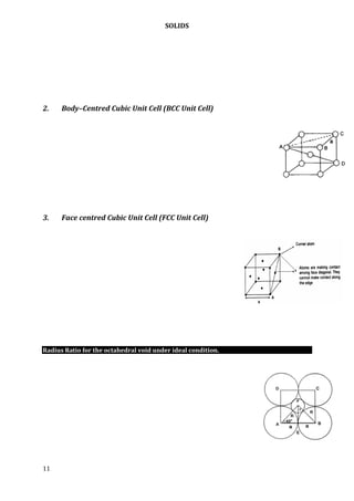 SOLIDS
11
2. Body–Centred Cubic Unit Cell (BCC Unit Cell)
3. Face centred Cubic Unit Cell (FCC Unit Cell)
Radius Ratio for the octahedral void under ideal condition.
 