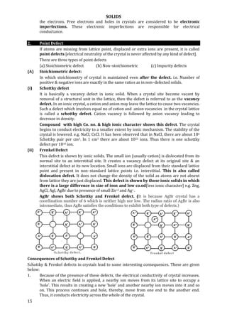 SOLIDS
15
the electrons. Free electrons and holes in crystals are considered to be electronic
imperfections. These electronic imperfections are responsible for electrical
conductance.
2. Point Defect
If atoms are missing from lattice point, displaced or extra ions are present, it is called
point defects [electrical neutrality of the crystal is never affected by any kind of defect].
There are three types of point defects
(a) Stoichiometric defect (b) Non–stoichiometric (c) Impurity defects
(A) Stoichiometric defect:
In which stoichiometry of crystal is maintained even after the defect. i.e. Number of
positive & negative ions are exactly in the same ratios as in non–defected solids.
(i) Schottky defect
It is basically a vacancy defect in ionic solid. When a crystal site become vacant by
removal of a structural unit in the lattice, then the defect is referred to as the vacancy
defect. In an ionic crystal, a cation and anion may leave the lattice to cause two vacancies.
Such a defect which involves equal no of cation and anion vacancies in the crystal lattice
is called a schottky defect. Cation vacancy is followed by anion vacancy leading to
decrease in density.
Compound with high Co. no. & high ionic character shows this defect. The crystal
begins to conduct electricity to a smaller extent by ionic mechanism. The stability of the
crystal is lowered. e.g. NaCl, CsCl. It has been observed that in NaCl, there are about 106
Schottky pair per cm3. In 1 cm3 there are about 1022 ions. Thus there is one schottky
defect per 1016 ion.
(ii) Frenkel Defect
This defect is shown by ionic solids. The small ion (usually cation) is dislocated from its
normal site to an interstitial site. It creates a vacancy defect at its original site & an
interstitial defect at its new location. Small ions are displaced from their standard lattice
point and present in non–standard lattice points i.e. interstitial. This is also called
dislocation defect. It does not change the density of the solid as atoms are not absent
from lattice they are just displaced. This defect is shown by those ionic solids in which
there is a large difference in size of ions and low co.od(less ionic character] e.g. Zng,
AgCl, Agl, AgBr due to presence of small Zn+2 and Ag+ .
AgBr shows both Schottky and Frenkel defect. (It is because AgBr crystal has a
coordination number of 6 which is neither high nor low. The radius ratio of AgBr is also
intermediate, thus AgBr satisfies the conditions to exhibit both type of defects.)
Consequences of Schottky and Frenkel Defect
Schottky & Frenkel defects in crystals lead to some interesting consequences. These are given
below:
1. Because of the presence of these defects, the electrical conductivity of crystal increases.
When an electric field is applied, a nearby ion moves from its lattice site to occupy a
‘hole’. This results in creating a new ‘hole’ and another nearby ion moves into it and so
on. This process continues and hole, thereby, move from one end to the another end.
Thus, it conducts electricity across the whole of the crystal.
 