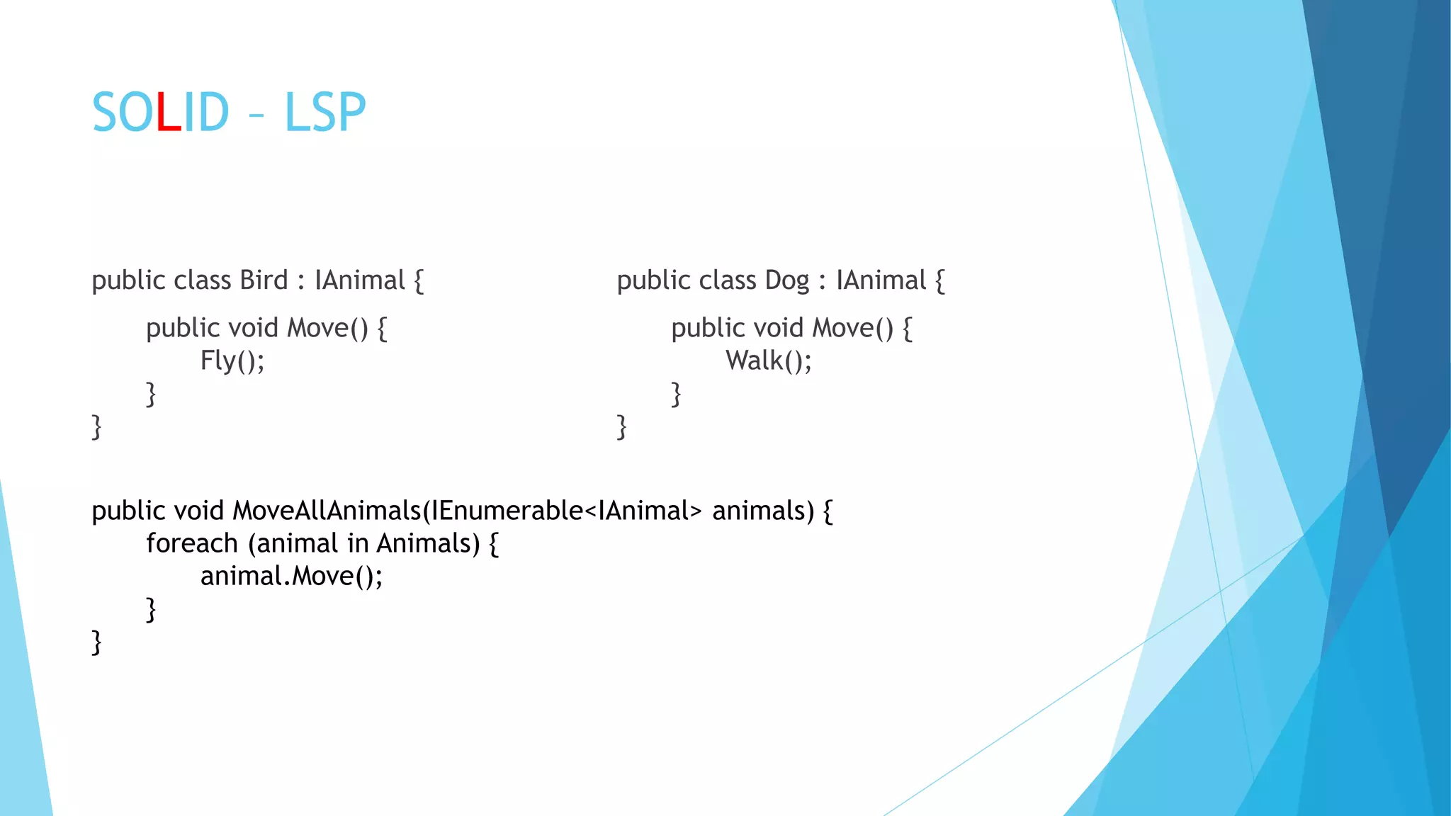 SOLID – LSP
public class Bird : IAnimal {
public void Move() {
Fly();
}
}
public class Dog : IAnimal {
public void Move() {
Walk();
}
}
public void MoveAllAnimals(IEnumerable<IAnimal> animals) {
foreach (animal in Animals) {
animal.Move();
}
}
 