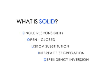 WHAT IS SOLID?
SINGLE RESPONSIBILITY
OPEN - CLOSED
LISKOV SUBSTITUTION
INTERFACE SEGREGATION
DEPENDENCY INVERSION
 