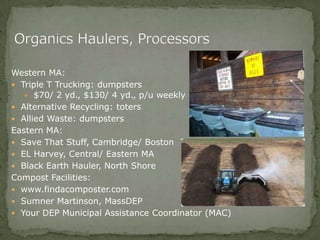 Western MA:
 Triple T Trucking: dumpsters
 $70/ 2 yd., $130/ 4 yd., p/u weekly
 Alternative Recycling: toters
 Allied Waste: dumpsters
Eastern MA:
 Save That Stuff, Cambridge/ Boston
 EL Harvey, Central/ Eastern MA
 Black Earth Hauler, North Shore
Compost Facilities:
 www.findacomposter.com
 Sumner Martinson, MassDEP
 Your DEP Municipal Assistance Coordinator (MAC)
 