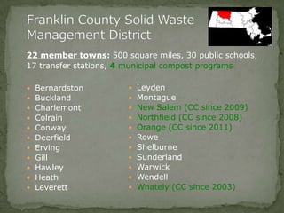  Bernardston
 Buckland
 Charlemont
 Colrain
 Conway
 Deerfield
 Erving
 Gill
 Hawley
 Heath
 Leverett
 Leyden
 Montague
 New Salem (CC since 2009)
 Northfield (CC since 2008)
 Orange (CC since 2011)
 Rowe
 Shelburne
 Sunderland
 Warwick
 Wendell
 Whately (CC since 2003)
22 member towns: 500 square miles, 30 public schools,
17 transfer stations, 4 municipal compost programs
 