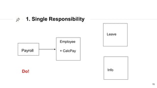 1. Single Responsibility
19
Payroll
Do!
+ CalcPay
Employee
Leave
Info
 