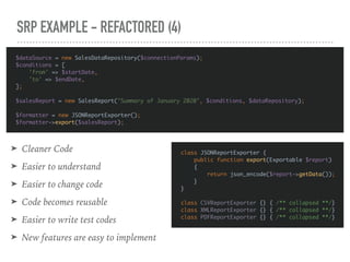 SRP EXAMPLE - REFACTORED (4)
$dataSource = new SalesDataRepository($connectionParams);
$conditions = [
'from' => $startDate,
'to' => $endDate,
];
$salesReport = new SalesReport("Summary of January 2020", $conditions, $dataRepository);
$formatter = new JSONReportExporter();
$formatter->export($salesReport);
➤ Cleaner Code
➤ Easier to understand
➤ Easier to change code
➤ Code becomes reusable
➤ Easier to write test codes
➤ New features are easy to implement
class JSONReportExporter {
public function export(Exportable $report)
{
return json_encode($report->getData());
}
}
class CSVReportExporter {} { /** collapsed **/}
class XMLReportExporter {} { /** collapsed **/}
class PDFReportExporter {} { /** collapsed **/}
 