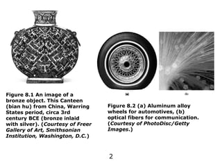 2
Figure 8.1 An image of a
bronze object. This Canteen
(bian hu) from China, Warring
States period, circa 3rd
century BCE (bronze inlaid
with silver). (Courtesy of Freer
Gallery of Art, Smithsonian
Institution, Washington, D.C.)
Figure 8.2 (a) Aluminum alloy
wheels for automotives, (b)
optical fibers for communication.
(Courtesy of PhotoDisc/Getty
Images.)
 