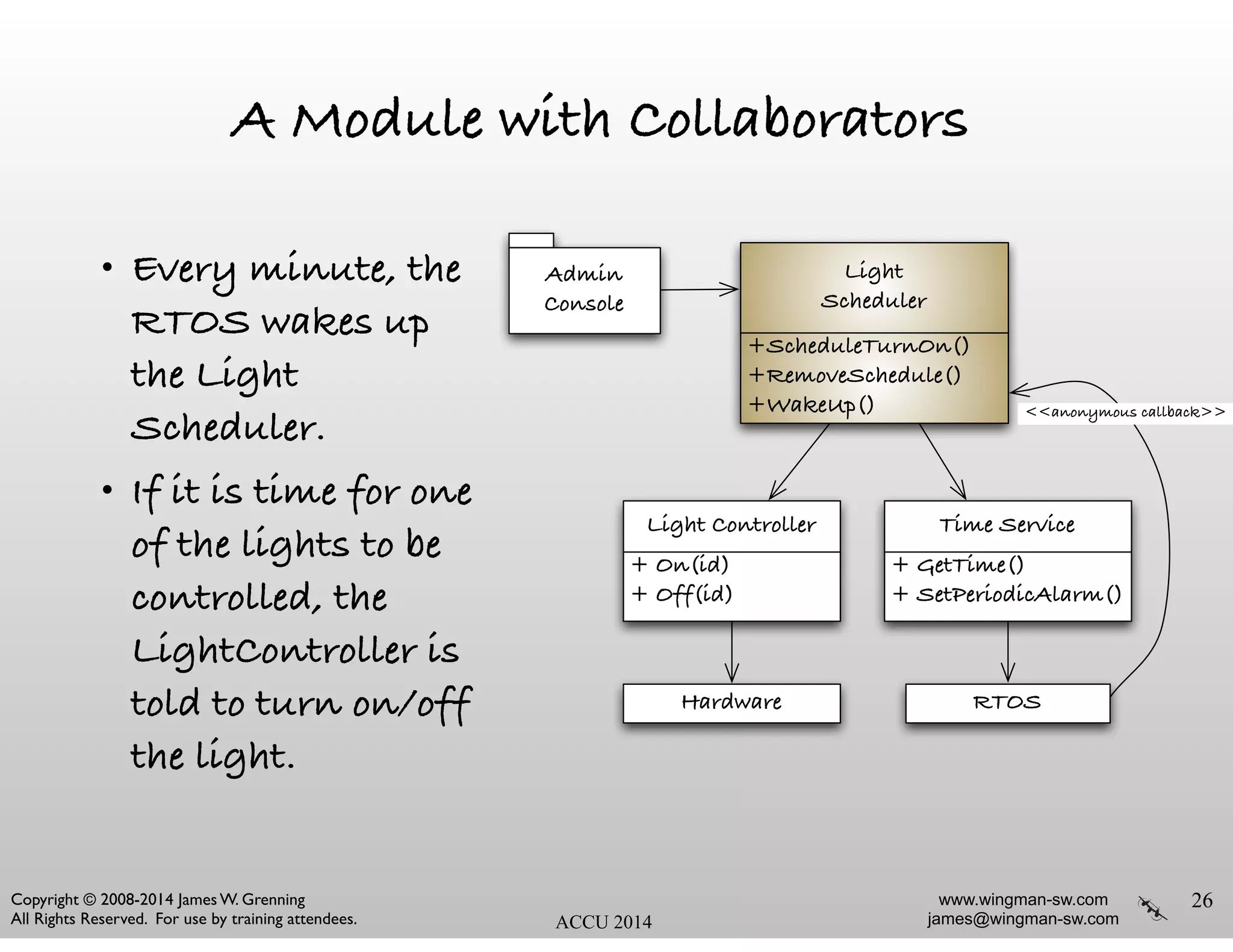 www.wingman-sw.com
james@wingman-sw.com
Copyright © 2008-2014 James W. Grenning	

All Rights Reserved. For use by training attendees. ACCU 2014
A Module with Collaborators
• Every minute, the
RTOS wakes up
the Light
Scheduler.
• If it is time for one
of the lights to be
controlled, the
LightController is
told to turn on/off
the light.
26
Time Service
+ GetTime()
+ SetPeriodicAlarm()
Light
Scheduler
+ScheduleTurnOn()
+RemoveSchedule()
+WakeUp()
Light Controller
+ On(id)
+ Off(id)
Hardware RTOS
<<anonymous callback>>
Admin
Console
 