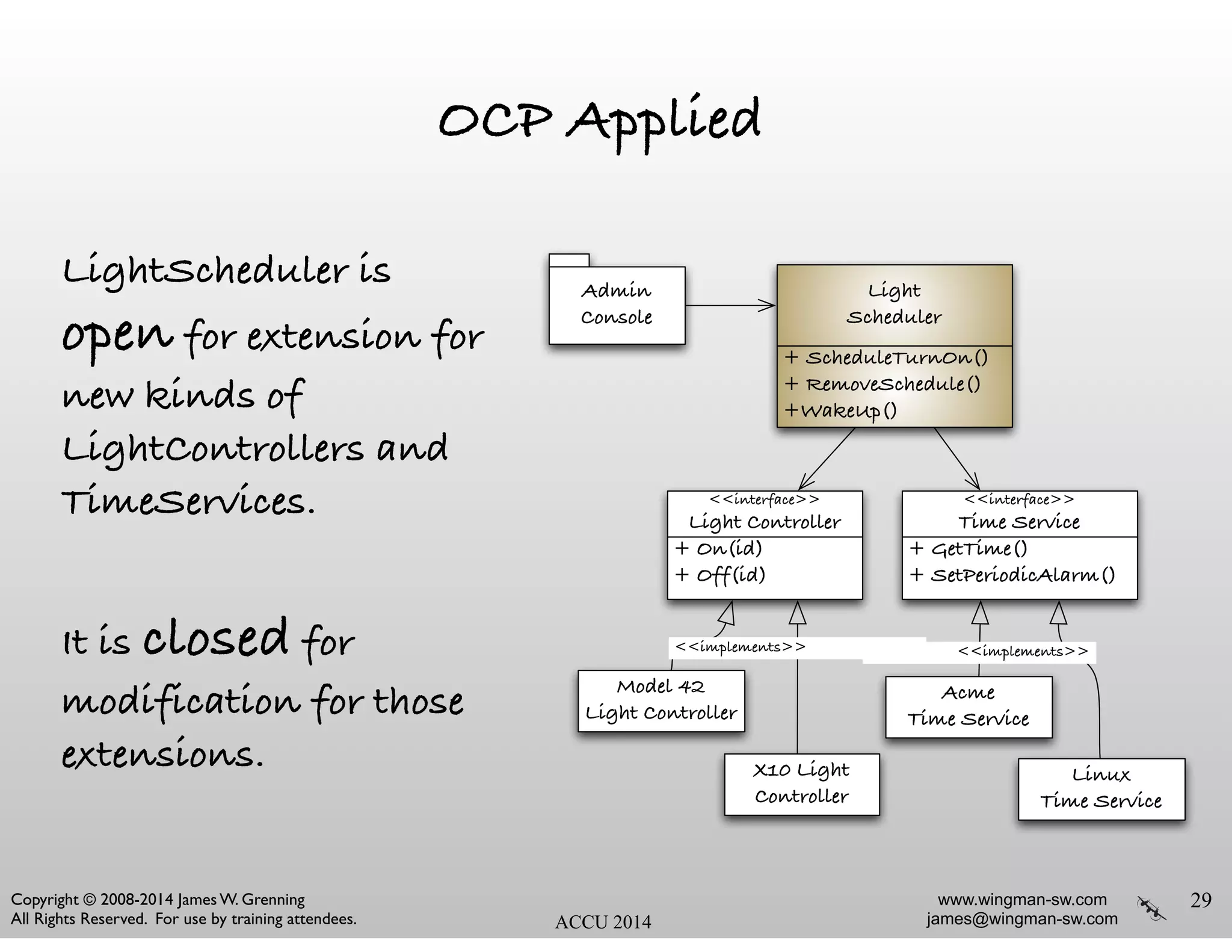 www.wingman-sw.com
james@wingman-sw.com
Copyright © 2008-2014 James W. Grenning	

All Rights Reserved. For use by training attendees. ACCU 2014
OCP Applied
LightScheduler is
open for extension for
new kinds of
LightControllers and
TimeServices.
!
It is closed for
modification for those
extensions.
29
<<interface>>
Time Service
+ GetTime()
+ SetPeriodicAlarm()
Light
Scheduler
+ ScheduleTurnOn()
+ RemoveSchedule()
+WakeUp()
<<interface>>
Light Controller
+ On(id)
+ Off(id)
X10 Light
Controller
Acme
Time Service
Admin
Console
Model 42
Light Controller
Linux
Time Service
<<implements>> <<implements>>
 