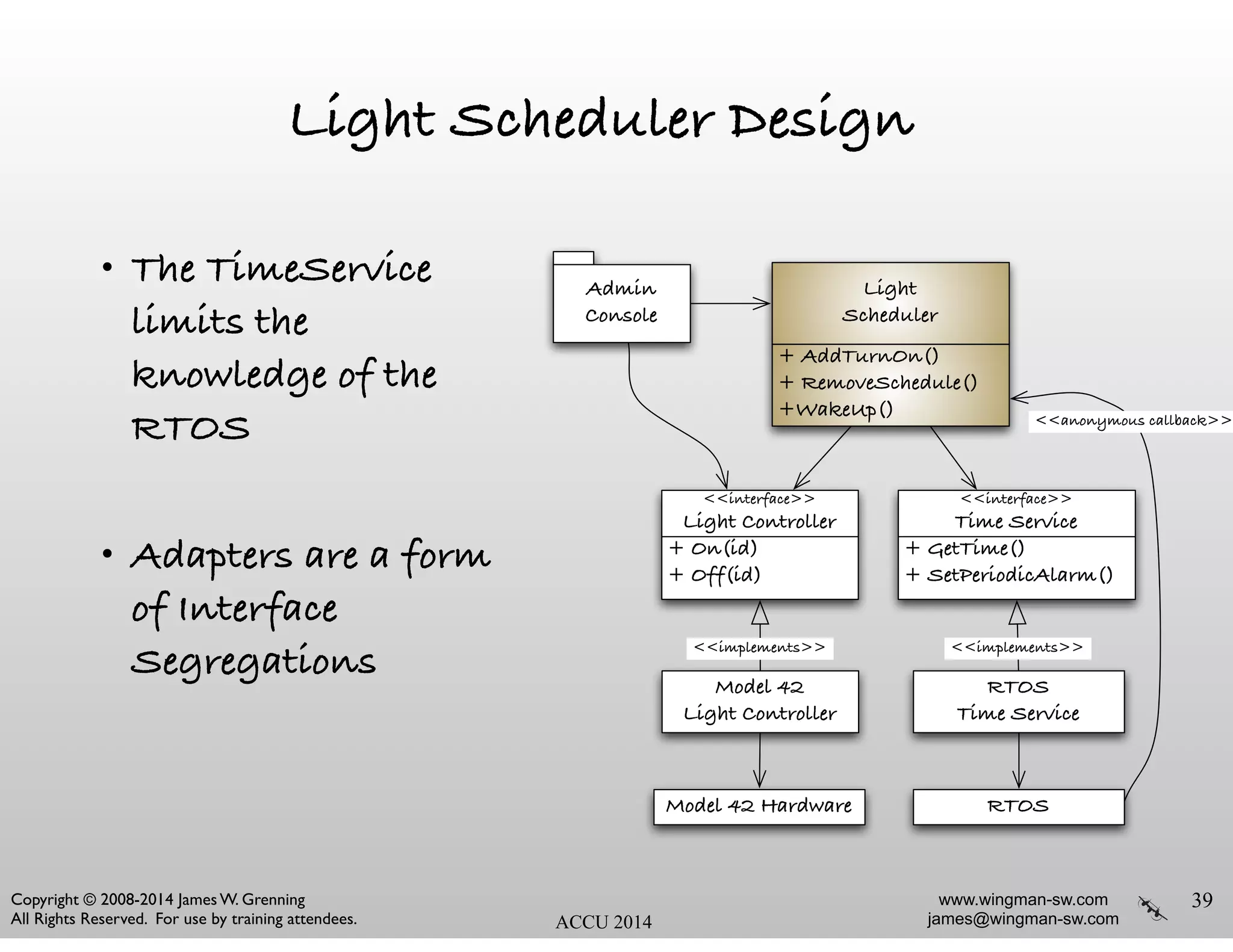www.wingman-sw.com
james@wingman-sw.com
Copyright © 2008-2014 James W. Grenning	

All Rights Reserved. For use by training attendees. ACCU 2014
Light Scheduler Design
• The TimeService
limits the
knowledge of the
RTOS
!
• Adapters are a form
of Interface
Segregations
39
<<interface>>
Time Service
+ GetTime()
+ SetPeriodicAlarm()
Light
Scheduler
+ AddTurnOn()
+ RemoveSchedule()
+WakeUp()
<<interface>>
Light Controller
+ On(id)
+ Off(id)
Model 42 Hardware RTOS
<<anonymous callback>>
Model 42
Light Controller
RTOS
Time Service
<<implements>> <<implements>>
Admin
Console
 