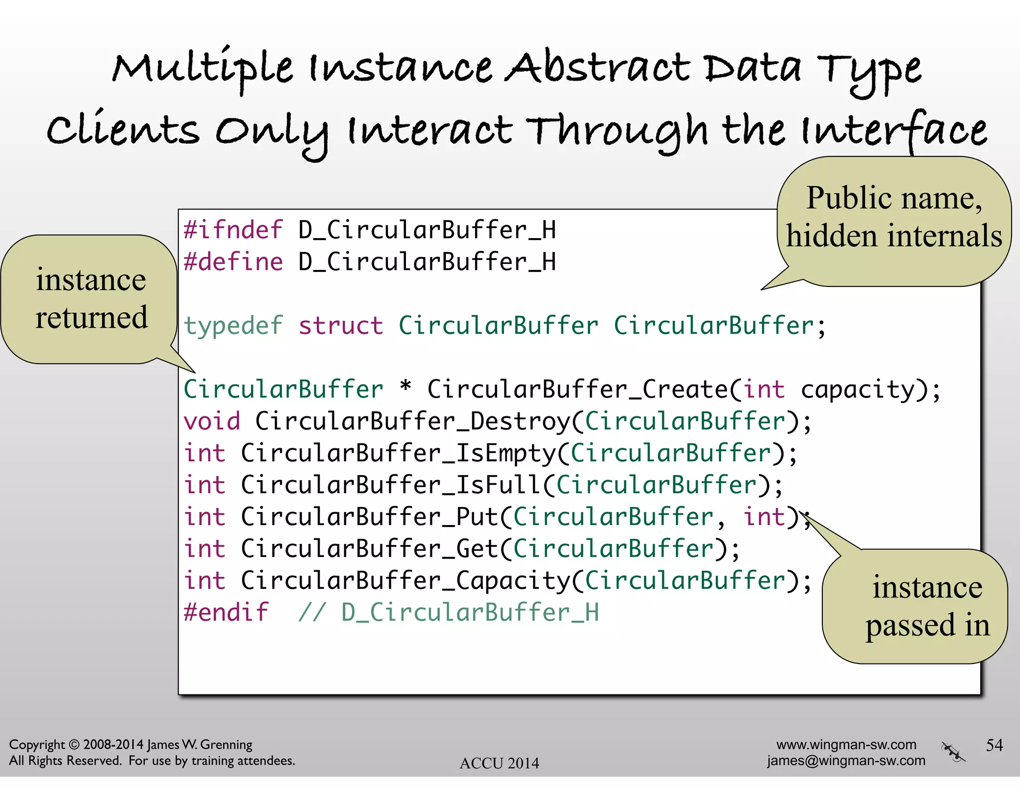 www.wingman-sw.com
james@wingman-sw.com
Copyright © 2008-2014 James W. Grenning	

All Rights Reserved. For use by training attendees. ACCU 2014
Multiple Instance Abstract Data Type
Clients Only Interact Through the Interface
54
#ifndef D_CircularBuffer_H	
#define D_CircularBuffer_H	
!
typedef struct CircularBuffer CircularBuffer;	
!
CircularBuffer * CircularBuffer_Create(int capacity);	
void CircularBuffer_Destroy(CircularBuffer);	
int CircularBuffer_IsEmpty(CircularBuffer);	
int CircularBuffer_IsFull(CircularBuffer);	
int CircularBuffer_Put(CircularBuffer, int);	
int CircularBuffer_Get(CircularBuffer);	
int CircularBuffer_Capacity(CircularBuffer);	
#endif // D_CircularBuffer_H	
instance
passed in
Public name,
hidden internals
instance
returned
 