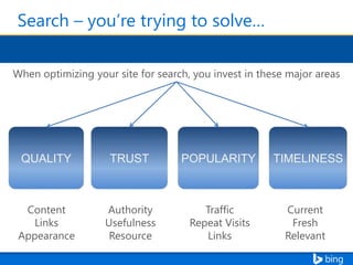 Search – you’re trying to solve…
When optimizing your site for search, you invest in these major areas

QUALITY

TRUST

POPULARITY

TIMELINESS

Content
Links
Appearance

Authority
Usefulness
Resource

Traffic
Repeat Visits
Links

Current
Fresh
Relevant

 